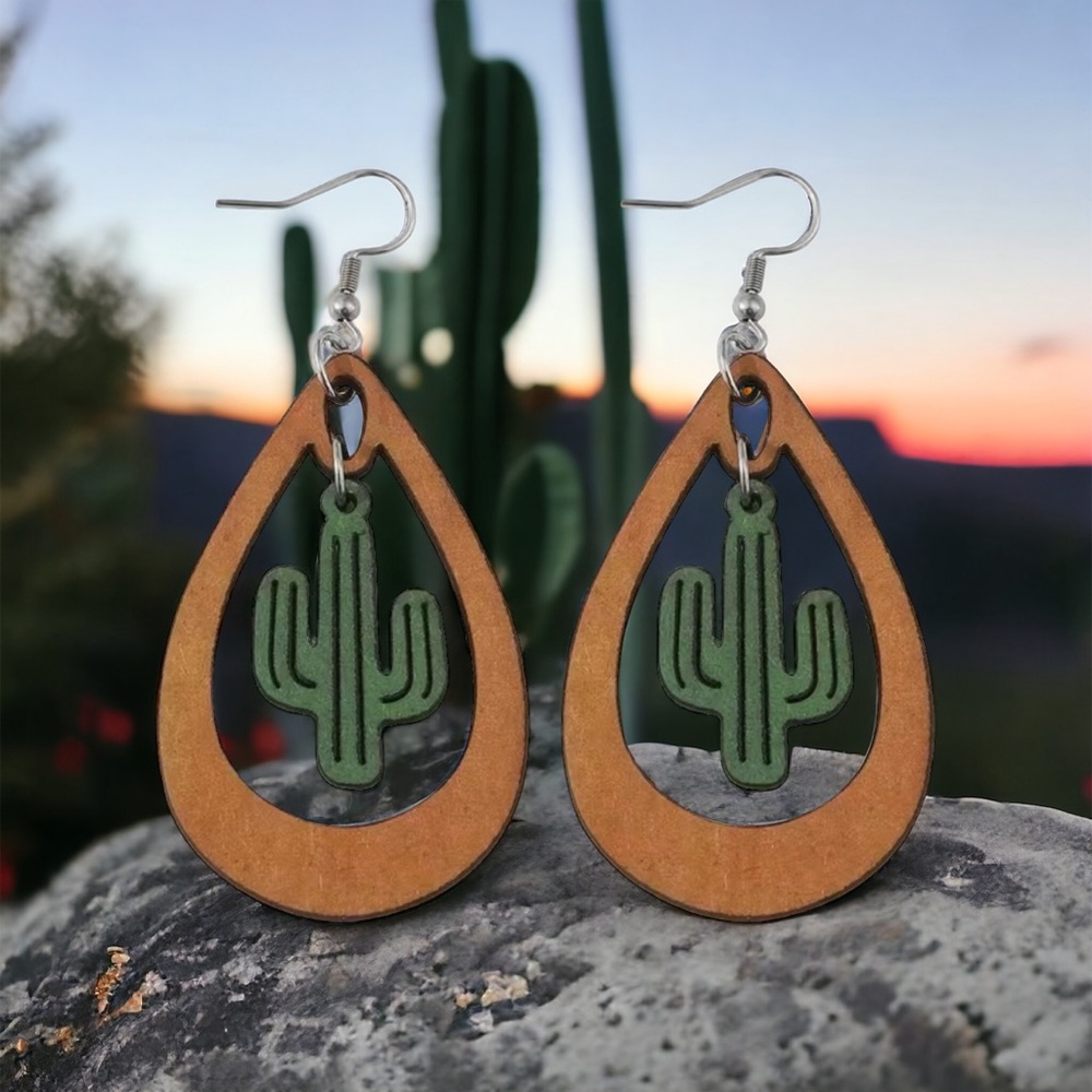 Western ethnic style cactus hollow water drop dangle wooden‎ earrings